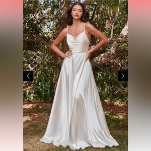 Elegant White satin slit bridal engagement Maxi Dress gown